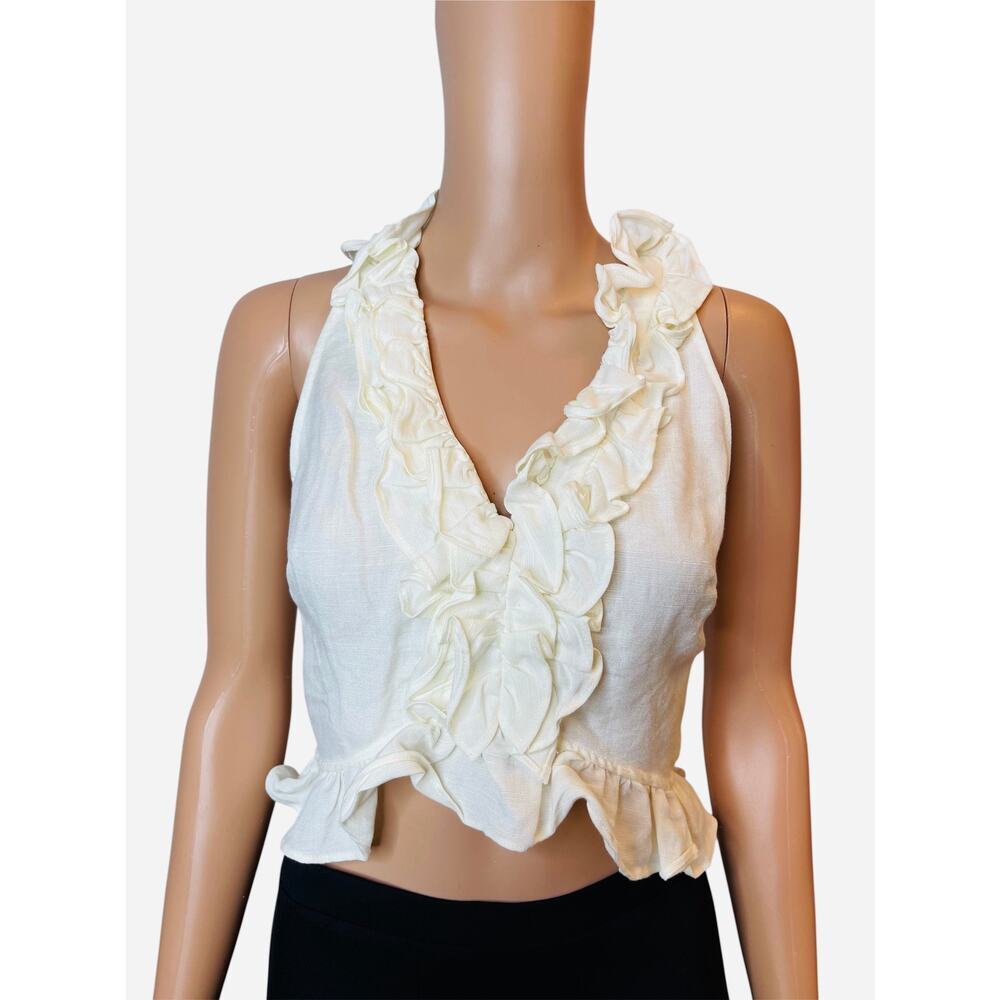 C/Meo Collective Linen Blend Cropped Ruffle Tank Blouse Size S Nwt Ivory